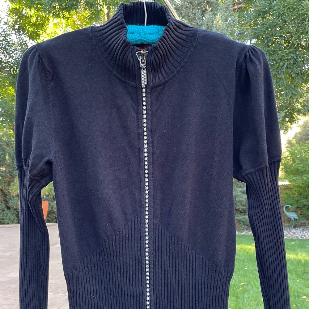 Beldini Jet Black Fitted Sweater Rhinestone Zipper Puff Sleeves